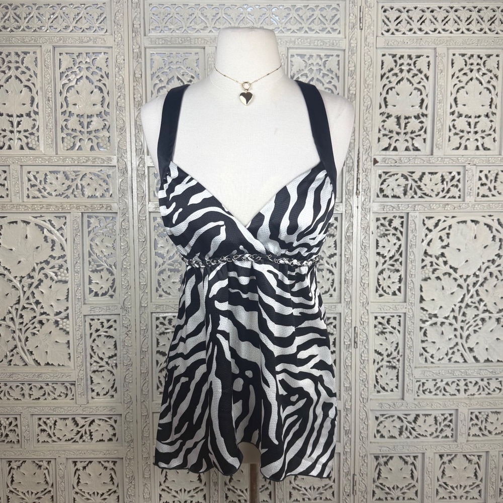 Y2K Zebra Print V Neck Babydoll Tank Top Sz L Dainty Coquette Fairy‎ Angel